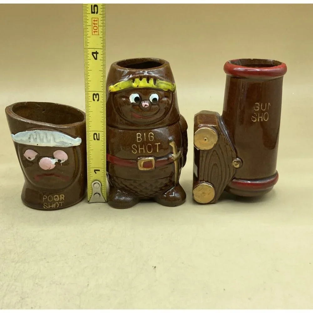 Vintage JAPANESE Red Ware Shot Glass Lot Gun Shot Big Shot Poor Shot LOT 3 READ